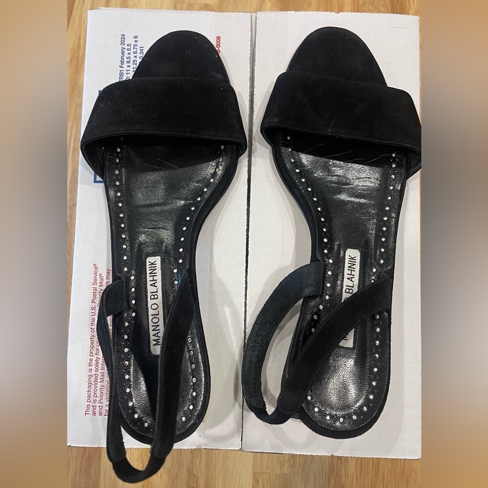 Manolo Blahnik Black Suede Open-Toe Slingback Sandals